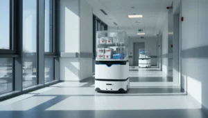 Robots on wheels carrying equipment down a hallway.