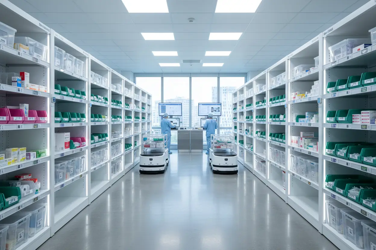 Two wheeled robots in a room full of medical materials