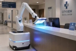 A medical robot using UV light to disinfect the patient check-in counter