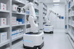 2 robotic arms storing supplies on shelves in a store room
